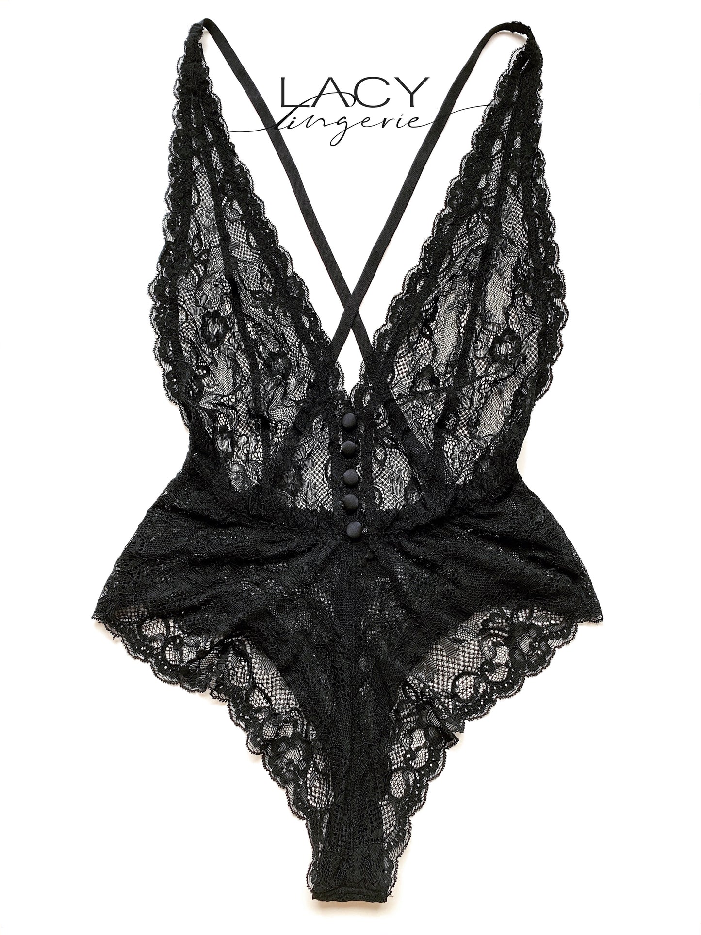 Bodysuit ren đen hoa xuyên thấu No.9 cổ chữ V sâu Lacy Lingerie
