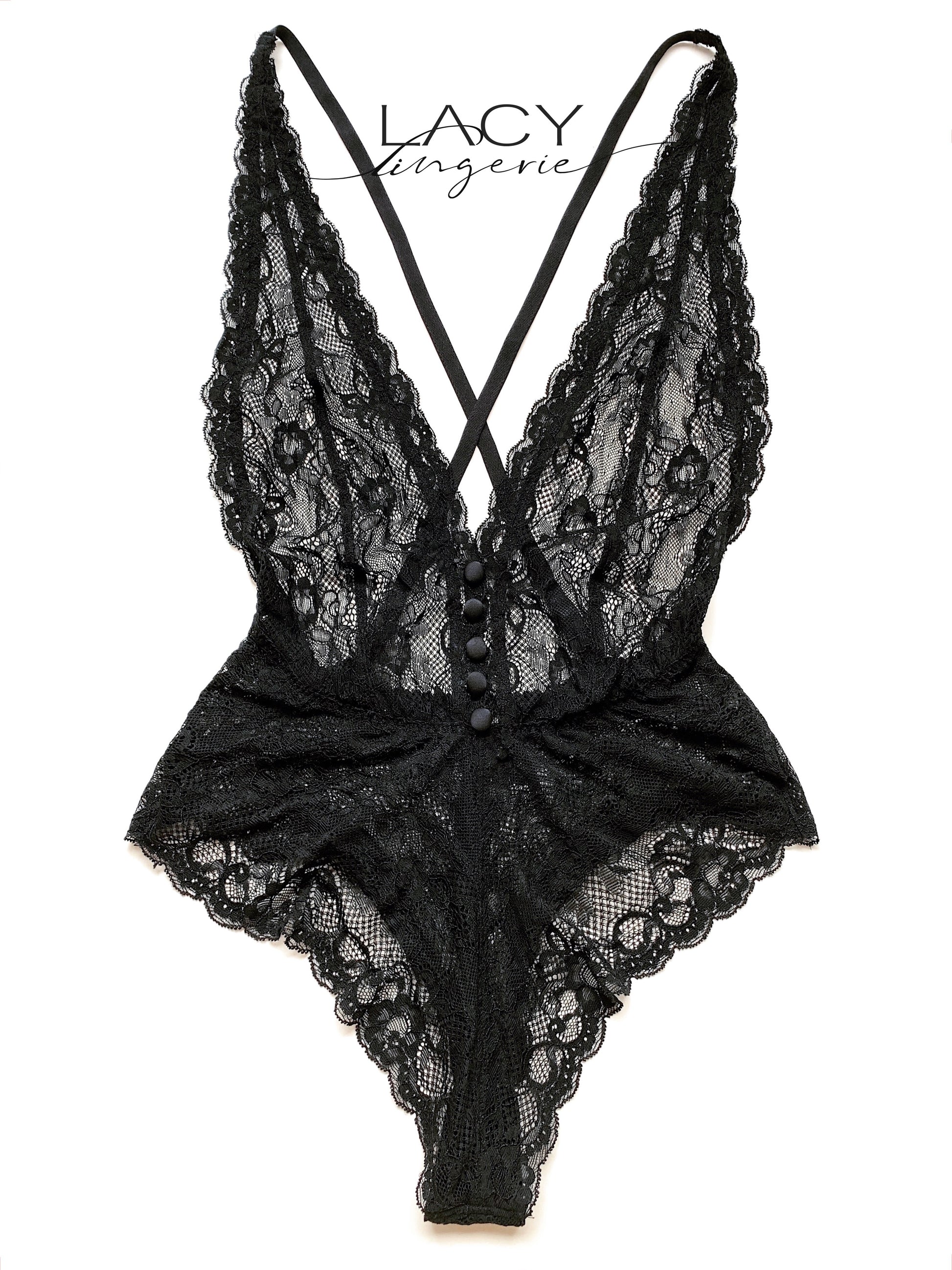 Bodysuit ren đen hoa xuyên thấu No.9 cổ chữ V sâu Lacy Lingerie