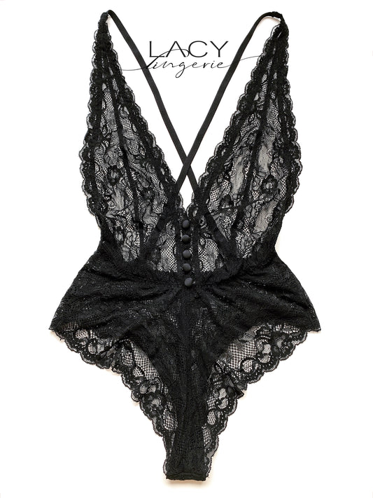 Bodysuit ren đen hoa xuyên thấu No.9 cổ chữ V sâu Lacy Lingerie